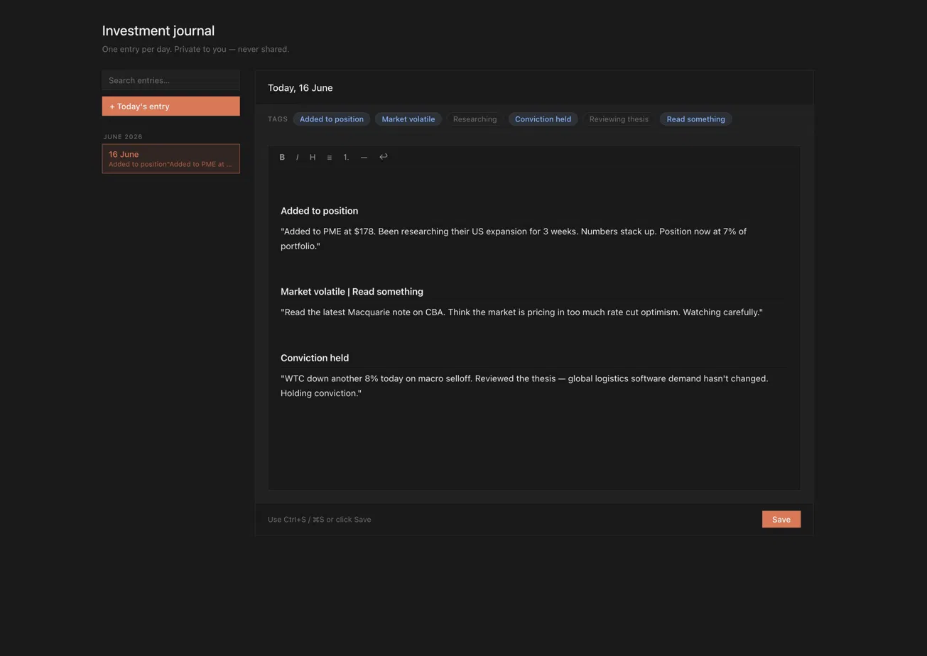 FolioTrack investment journal showing dated entries, tags, and reasoning log
