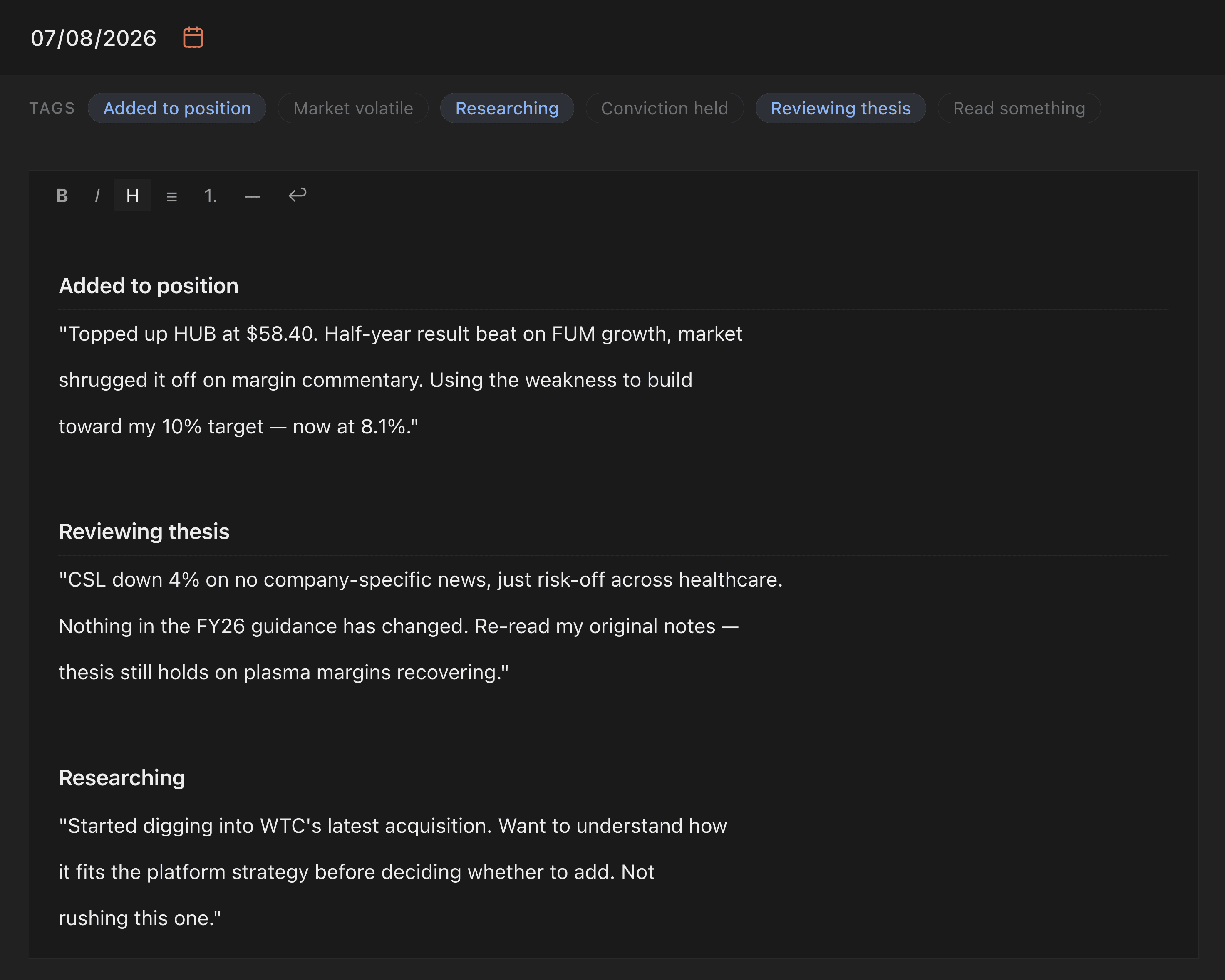 FolioTrack investment journal showing dated entries, tags, and reasoning log